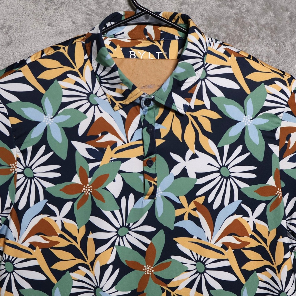 BYLT Premium Basics Polo Shirt Mens XL Navy Floral Short Sleeve Golf Performance